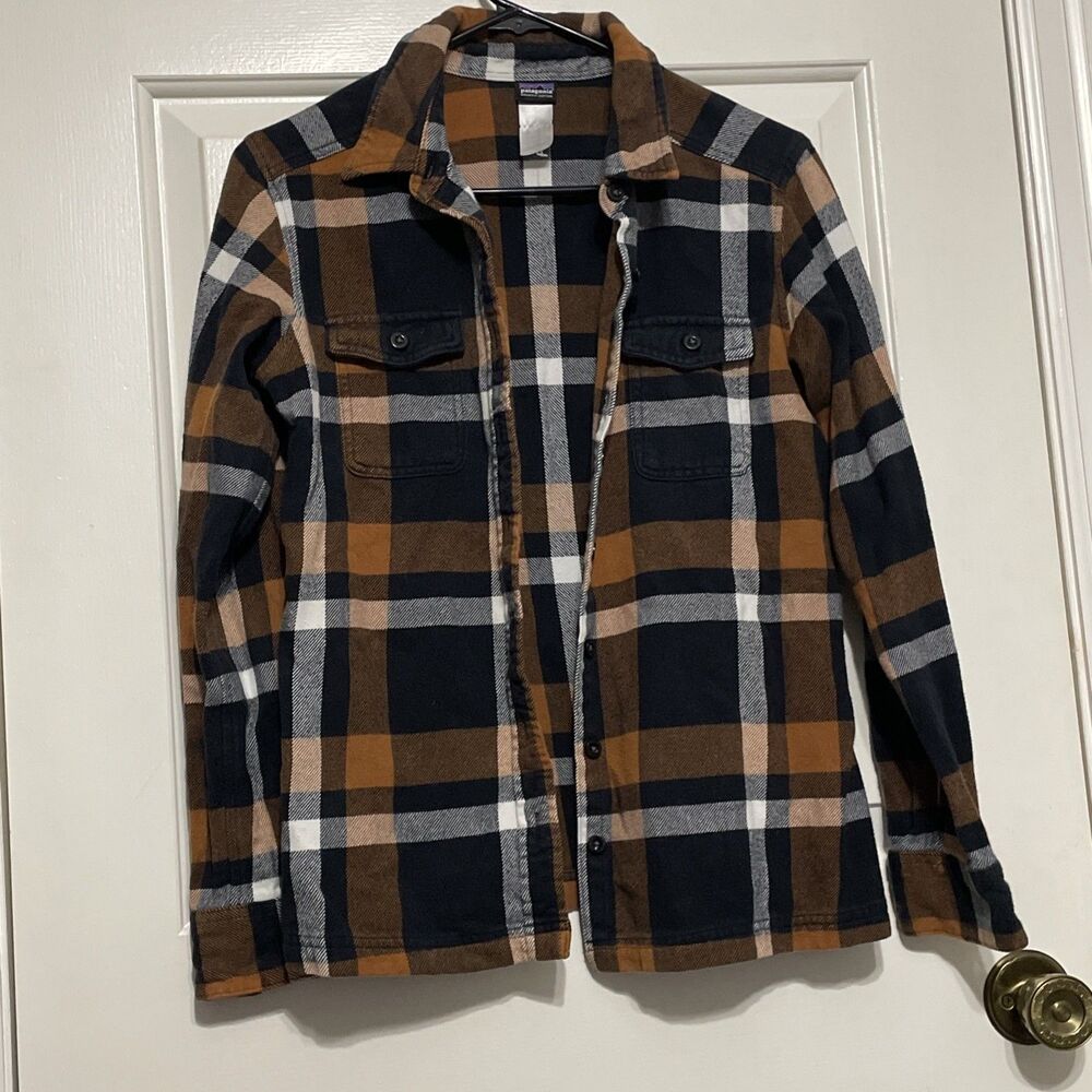 Patagonia Fjord Flannel Long Sleeve Organic Cotton Sz 6 Brown Womens Plaid Shirt
